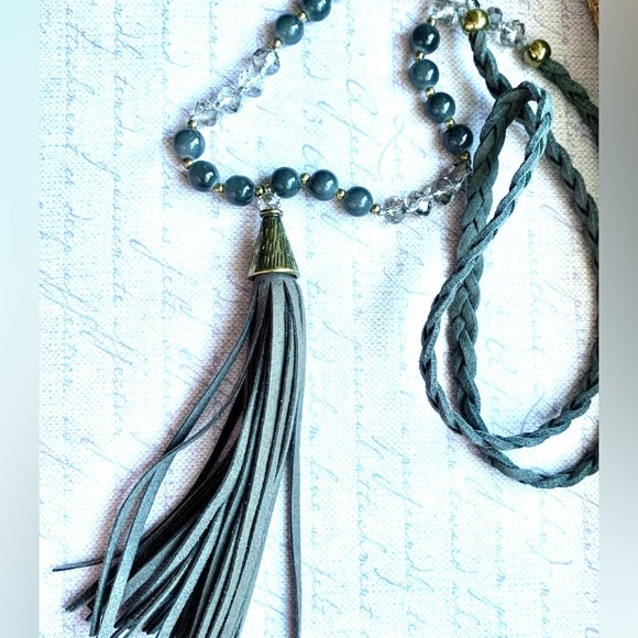 Gray Leather Boho Hippie Crystal & Stone Beaded Tassel Necklace Woman’s Jewelry - Picture 4 of 9